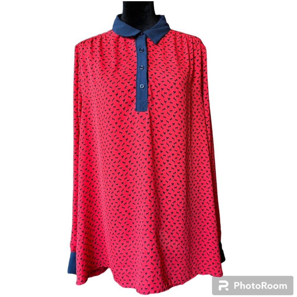 Free People Red Blouse Blue Equestrian Horses Blouse - Picture 3 of 11
